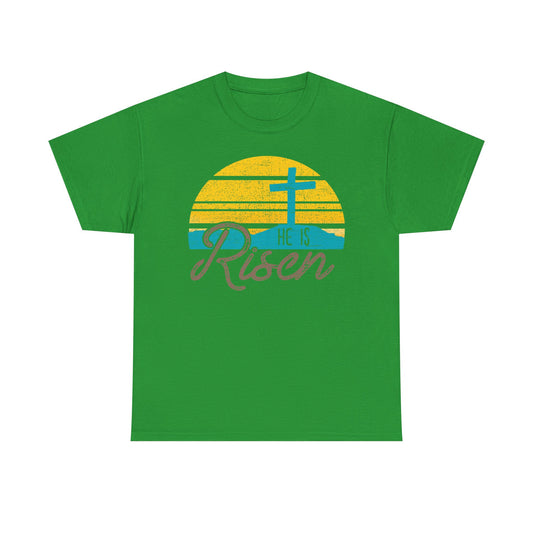 He Is Risen T-Shirt — Vintage Sunrise Cross Easter Tee