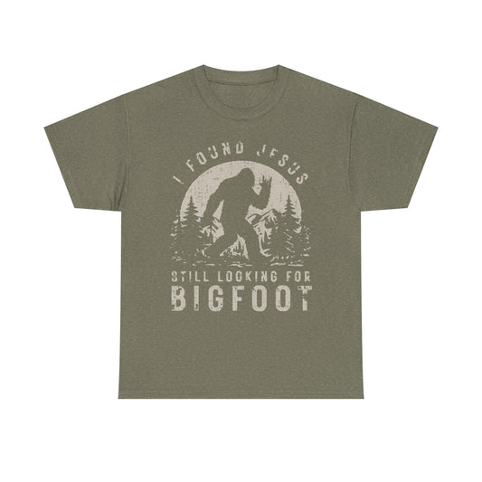 Bigfoot Graphic Tee -Tan — "I Found Jesus Still Looking for Bigfoot"