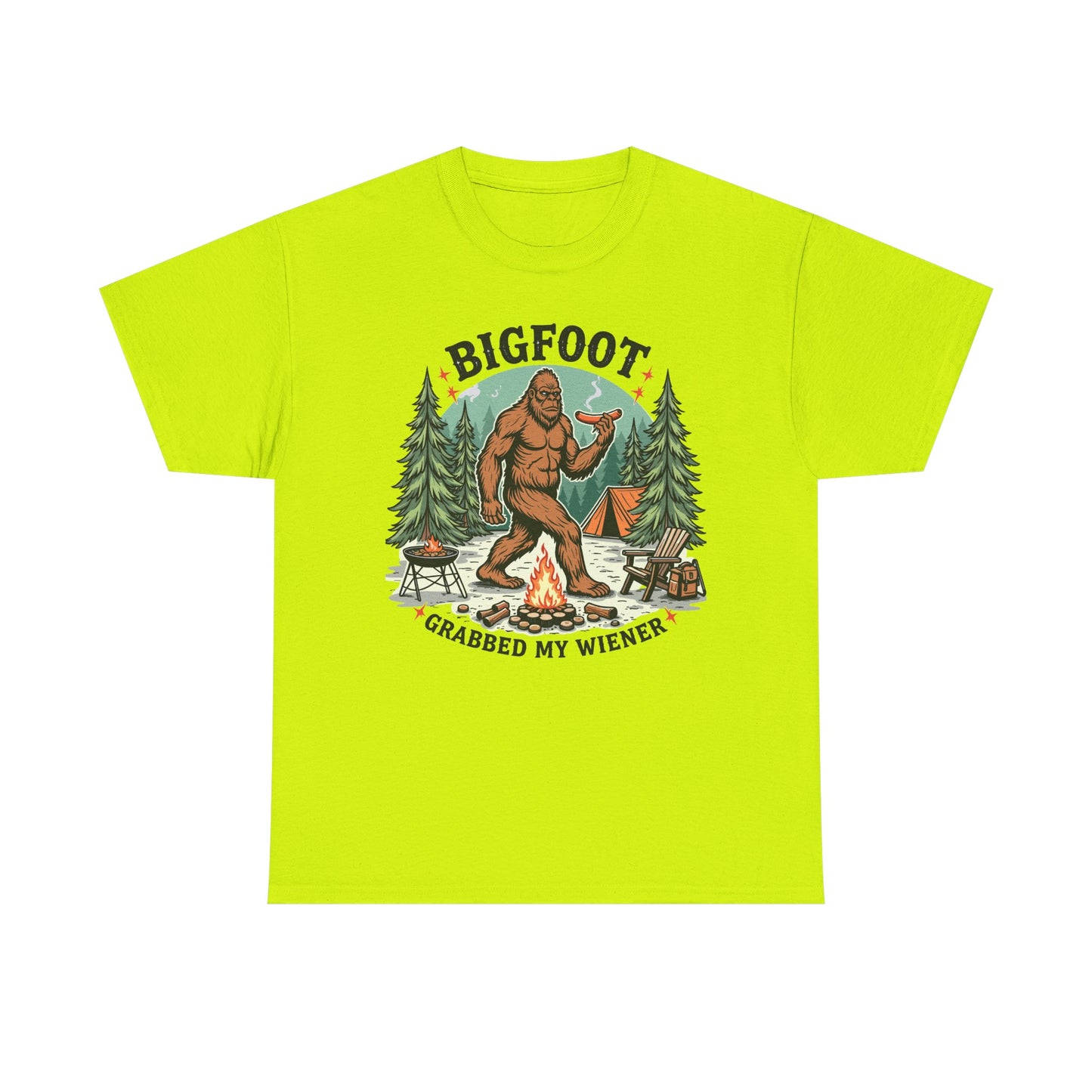 Bigfoot Campfire T-Shirt — "Bigfoot Grabbed My Wiener" Funny Camping Tee