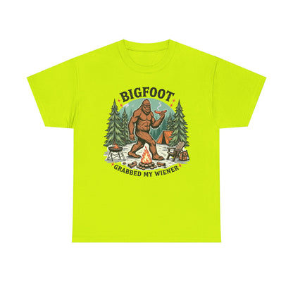 Bigfoot Campfire T-Shirt — "Bigfoot Grabbed My Wiener" Funny Camping Tee