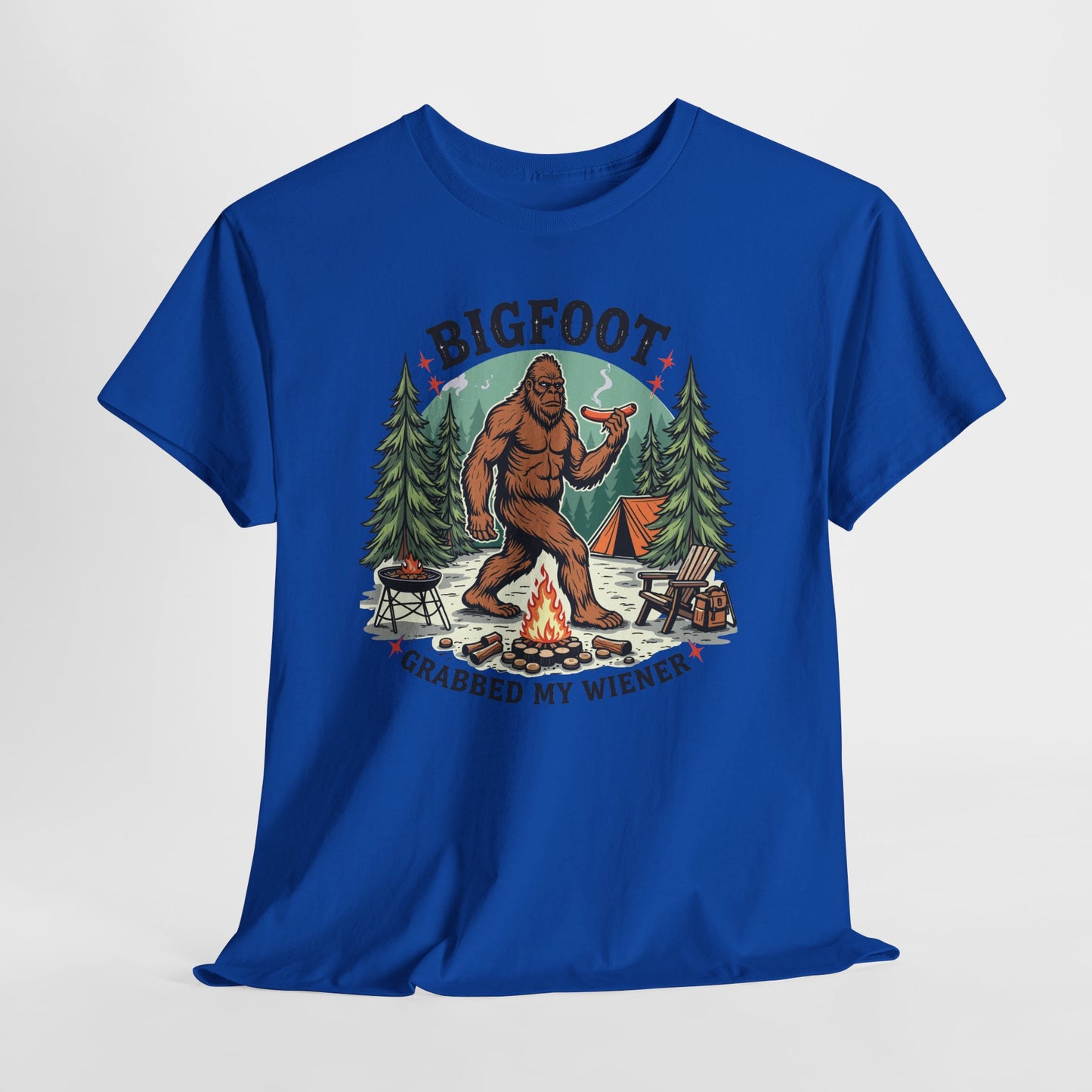 Bigfoot Campfire T-Shirt — "Bigfoot Grabbed My Wiener" Funny Camping Tee