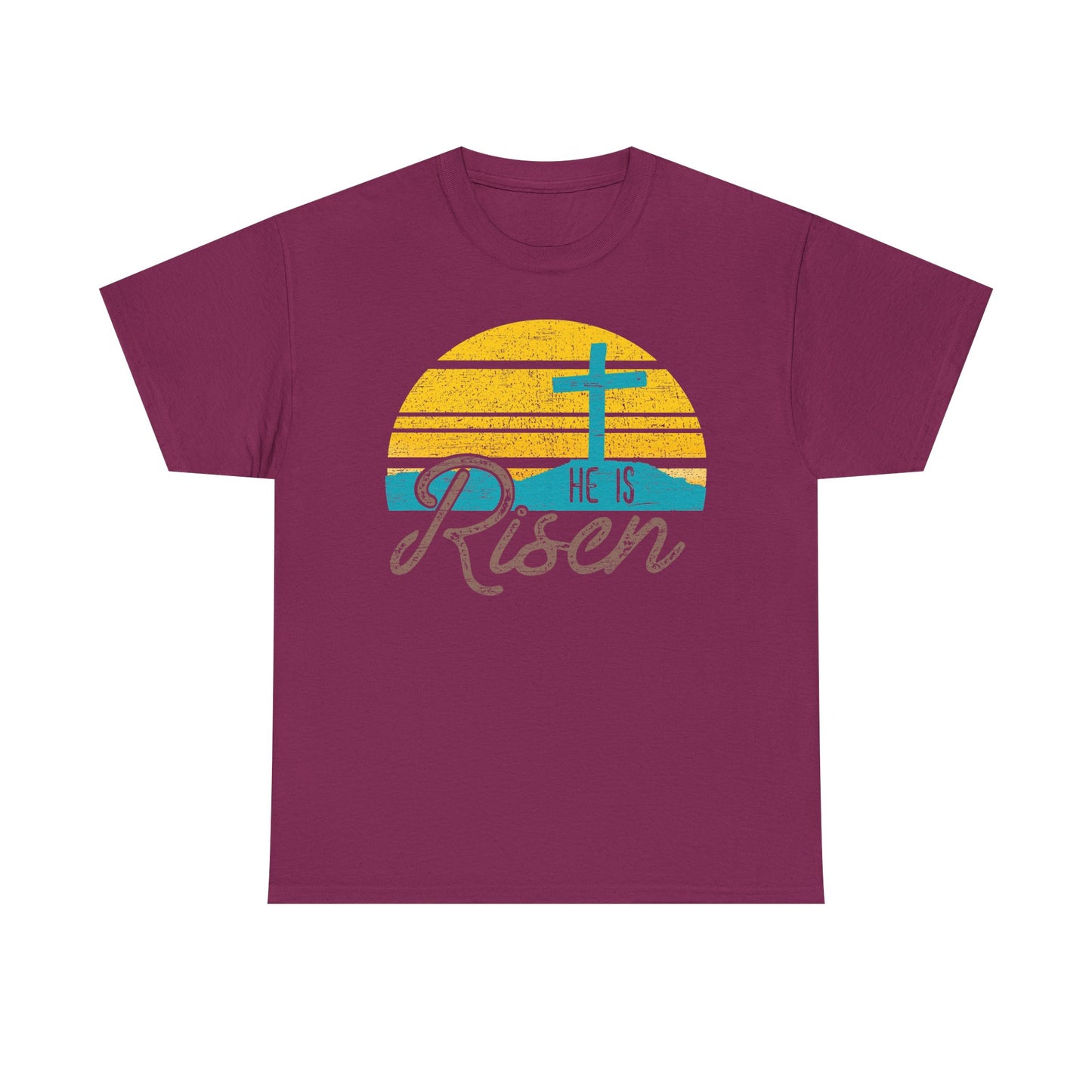 He Is Risen T-Shirt — Vintage Sunrise Cross Easter Tee