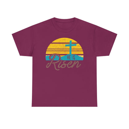 He Is Risen T-Shirt — Vintage Sunrise Cross Easter Tee