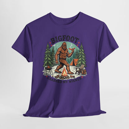 Bigfoot Campfire T-Shirt — "Bigfoot Grabbed My Wiener" Funny Camping Tee