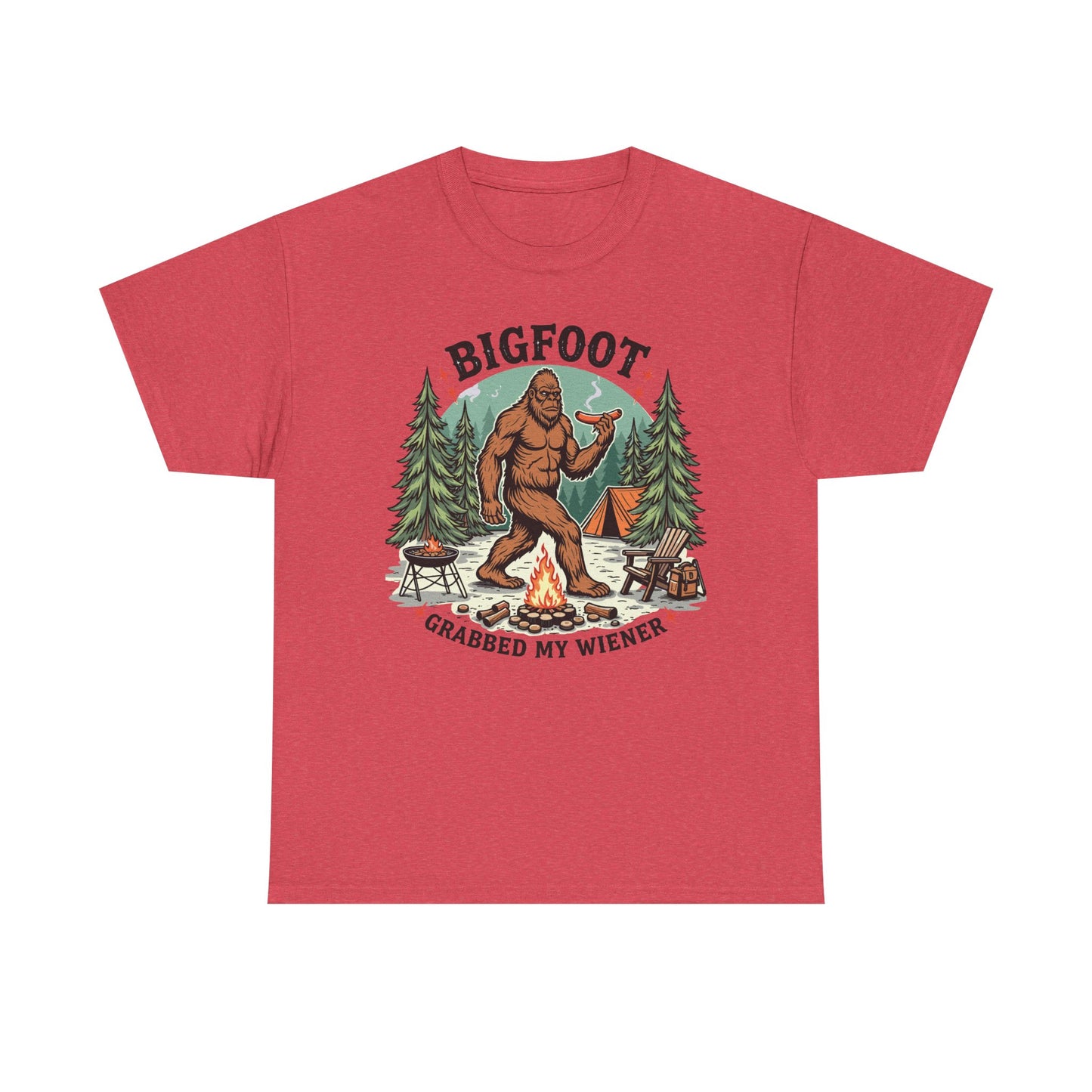Bigfoot Campfire T-Shirt — "Bigfoot Grabbed My Wiener" Funny Camping Tee