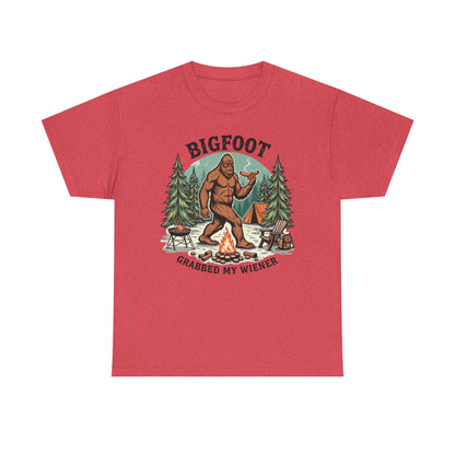 Bigfoot Campfire T-Shirt — "Bigfoot Grabbed My Wiener" Funny Camping Tee