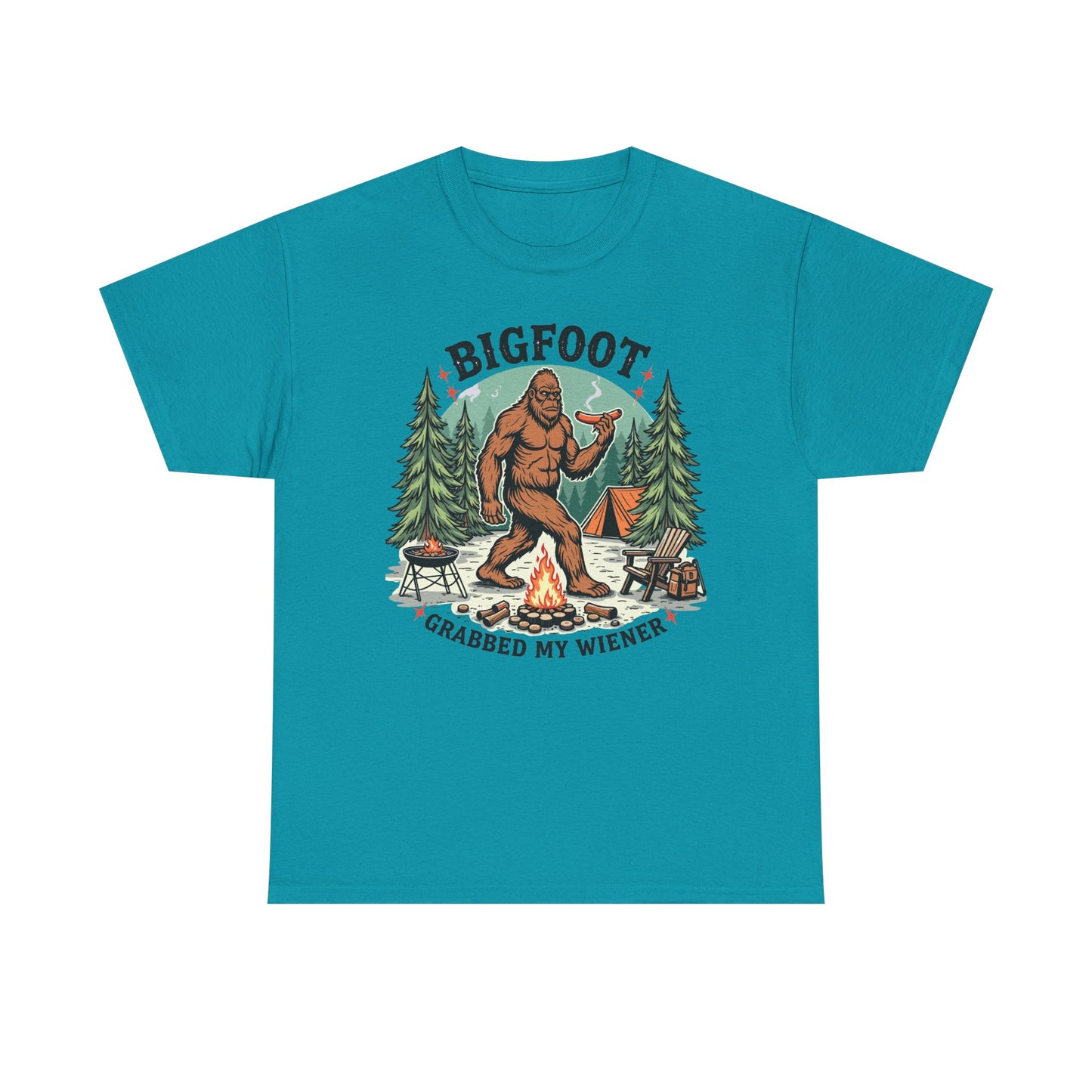 Bigfoot Campfire T-Shirt — "Bigfoot Grabbed My Wiener" Funny Camping Tee