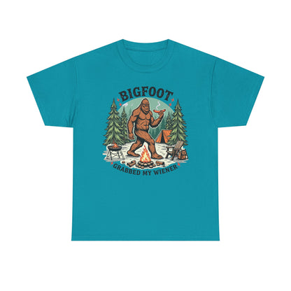 Bigfoot Campfire T-Shirt — "Bigfoot Grabbed My Wiener" Funny Camping Tee