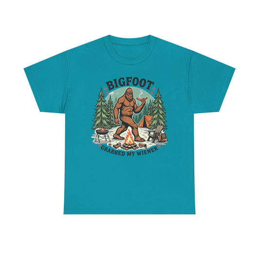 Bigfoot Campfire T-Shirt — "Bigfoot Grabbed My Wiener" Funny Camping Tee