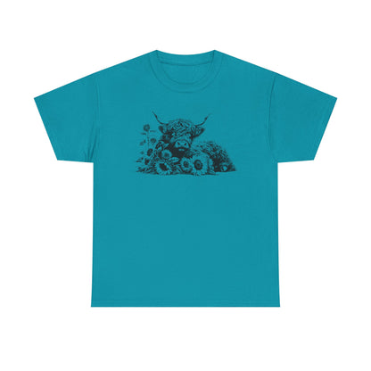 Highland Cow & Sunflowers T‑Shirt — Vintage Farm Animal Graphic Tee
