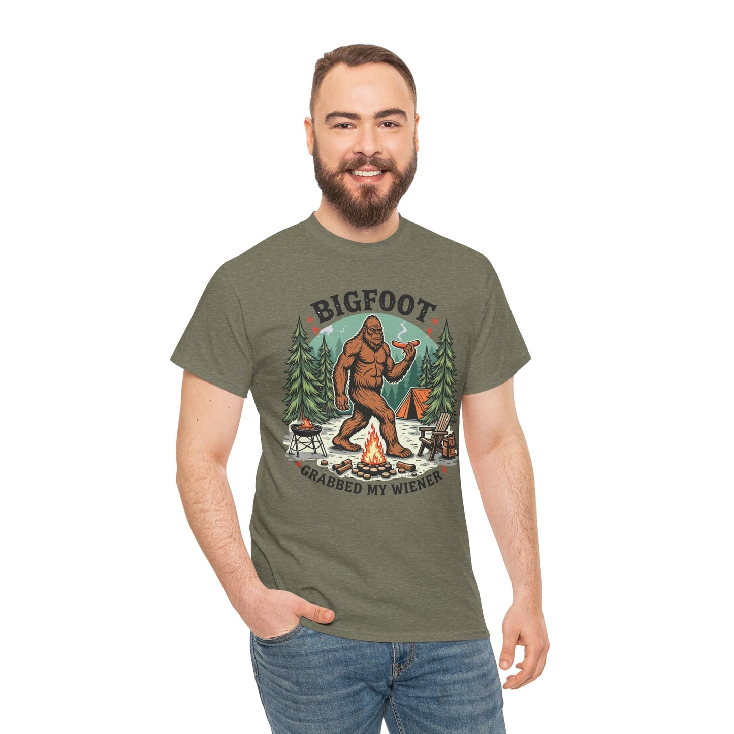 Bigfoot Campfire T-Shirt — "Bigfoot Grabbed My Wiener" Funny Camping Tee