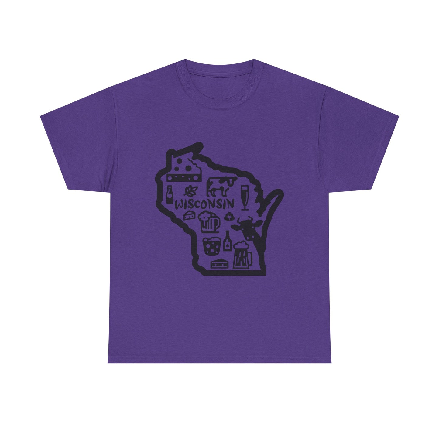 Wisconsin State Map Tee — Icons of Cheese, Beer & Outdoor Life