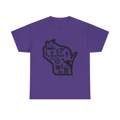 Wisconsin State Map Tee — Icons of Cheese, Beer & Outdoor Life