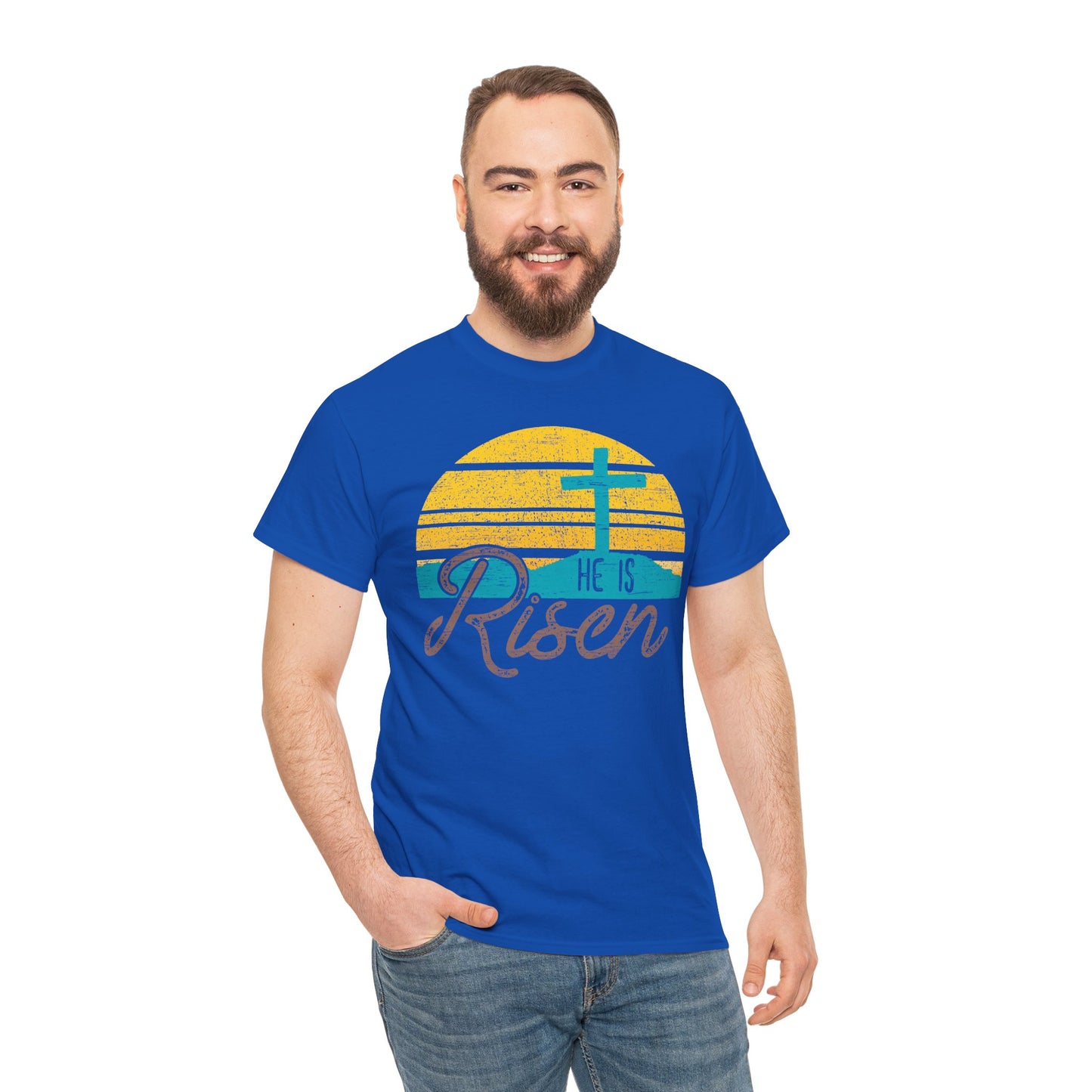 He Is Risen T-Shirt — Vintage Sunrise Cross Easter Tee