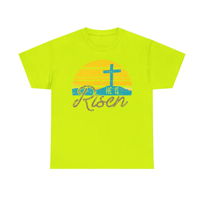 He Is Risen T-Shirt — Vintage Sunrise Cross Easter Tee