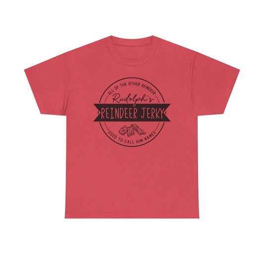 Reindeer Jerky Vintage Badge Tee — Funny Christmas Holiday Shirt