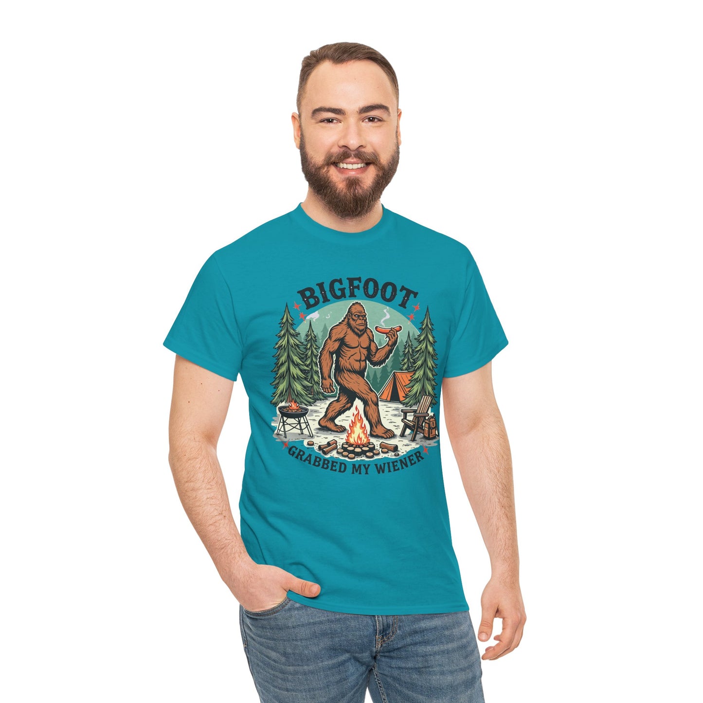 Bigfoot Campfire T-Shirt — "Bigfoot Grabbed My Wiener" Funny Camping Tee