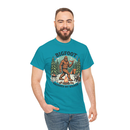 Bigfoot Campfire T-Shirt — "Bigfoot Grabbed My Wiener" Funny Camping Tee