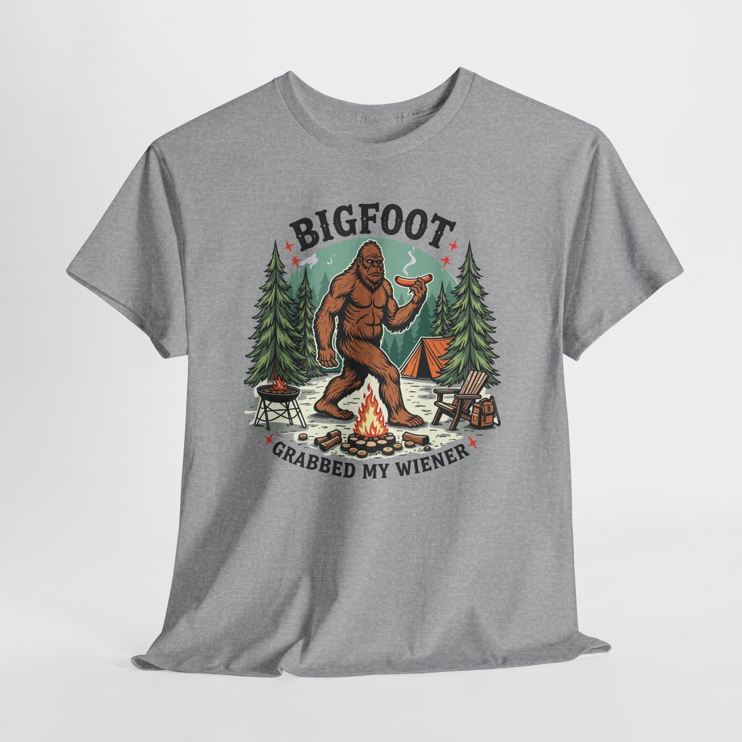 Bigfoot Campfire T-Shirt — "Bigfoot Grabbed My Wiener" Funny Camping Tee