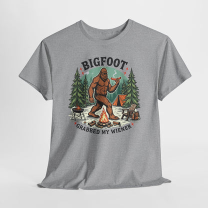 Bigfoot Campfire T-Shirt — "Bigfoot Grabbed My Wiener" Funny Camping Tee