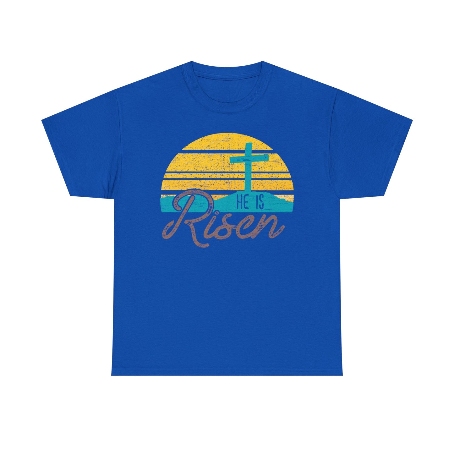 He Is Risen T-Shirt — Vintage Sunrise Cross Easter Tee