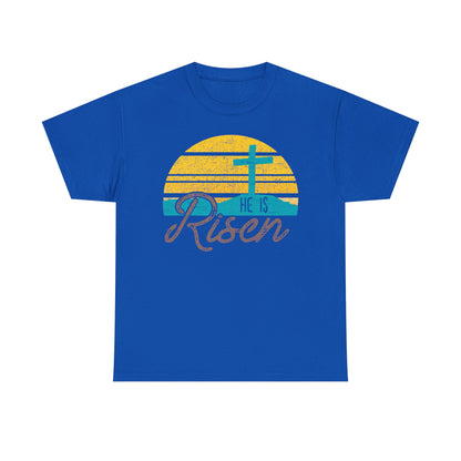 He Is Risen T-Shirt — Vintage Sunrise Cross Easter Tee