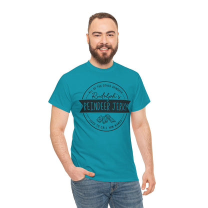Reindeer Jerky Vintage Badge Tee — Funny Christmas Holiday Shirt