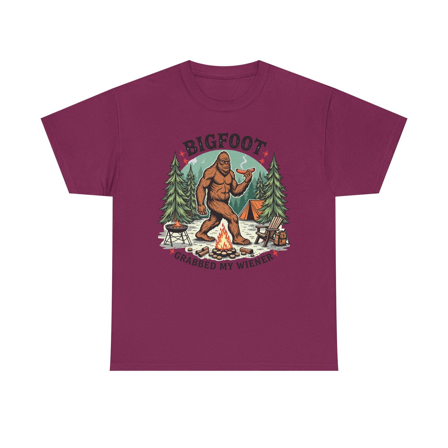 Bigfoot Campfire T-Shirt — "Bigfoot Grabbed My Wiener" Funny Camping Tee