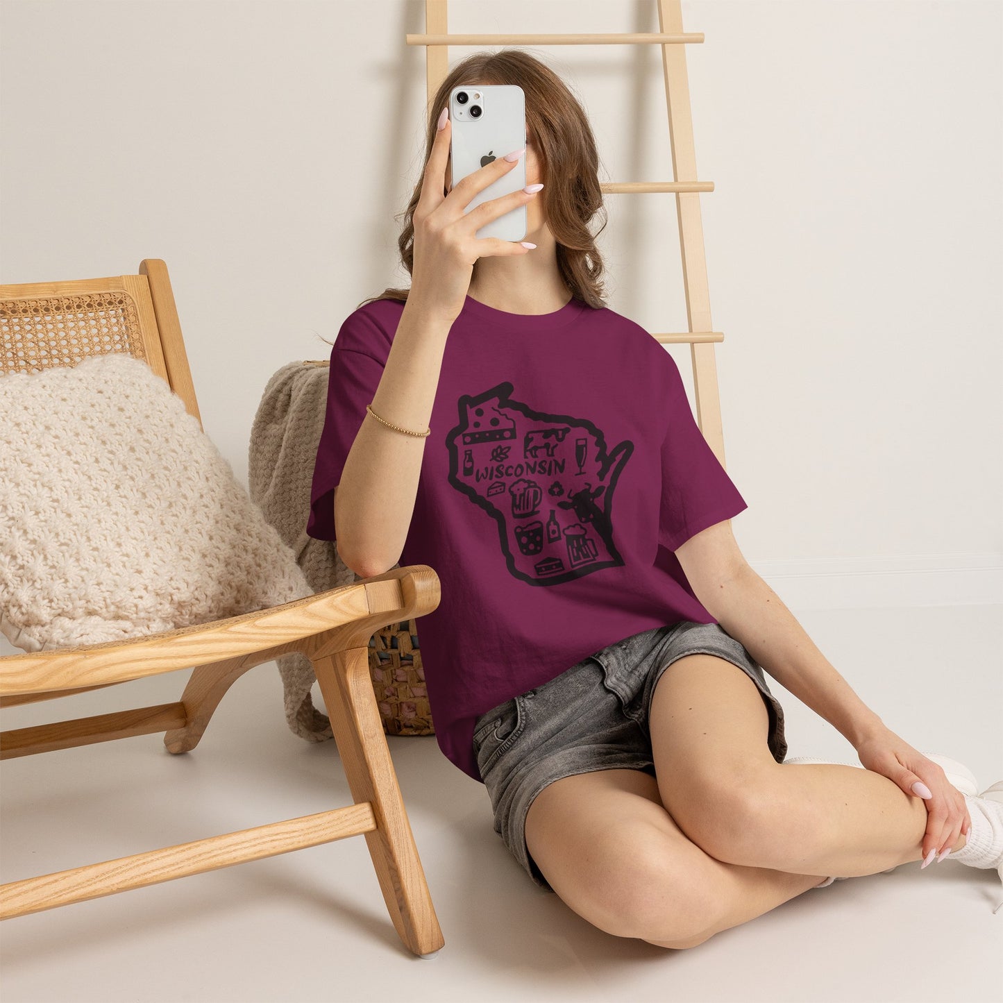 Wisconsin State Map Tee — Icons of Cheese, Beer & Outdoor Life