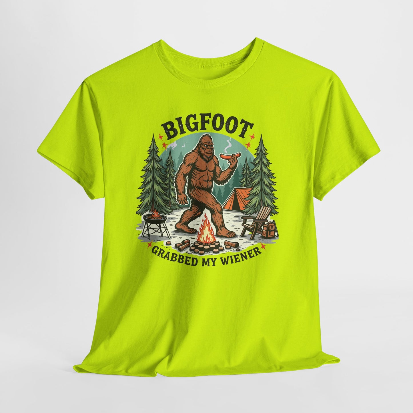 Bigfoot Campfire T-Shirt — "Bigfoot Grabbed My Wiener" Funny Camping Tee