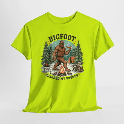 Bigfoot Campfire T-Shirt — "Bigfoot Grabbed My Wiener" Funny Camping Tee