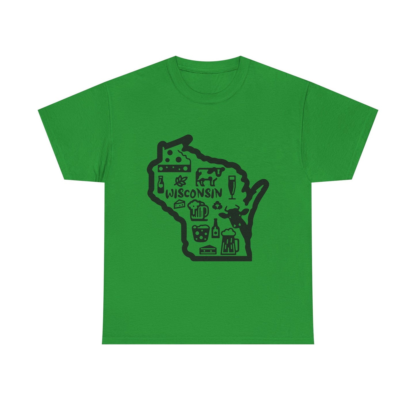 Wisconsin State Map Tee — Icons of Cheese, Beer & Outdoor Life