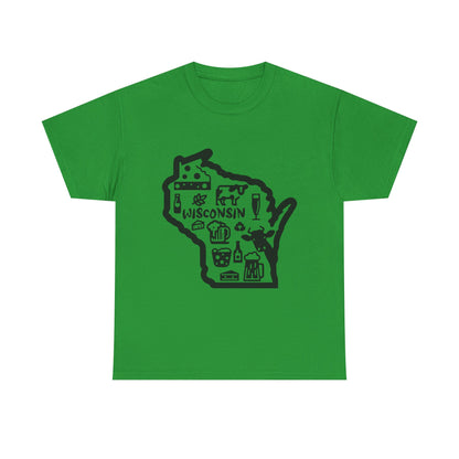 Wisconsin State Map Tee — Icons of Cheese, Beer & Outdoor Life