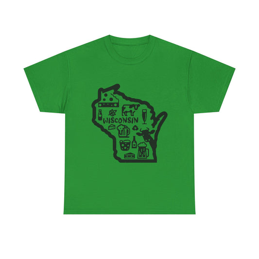 Wisconsin State Map Tee — Icons of Cheese, Beer & Outdoor Life