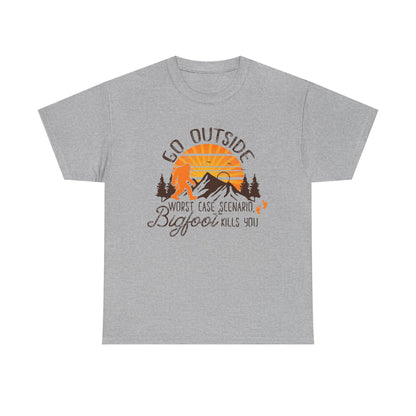 Go Outside Bigfoot Tee — Funny Outdoor Camping T‑Shirt (Worst Case Scenario Bigfoot Kills You)
