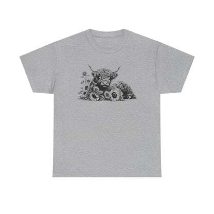 Highland Cow & Sunflowers T‑Shirt — Vintage Farm Animal Graphic Tee