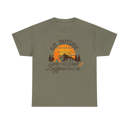 Go Outside Bigfoot Tee — Funny Outdoor Camping T‑Shirt (Worst Case Scenario Bigfoot Kills You)