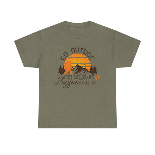 Go Outside Bigfoot Tee — Funny Outdoor Camping T‑Shirt (Worst Case Scenario Bigfoot Kills You)