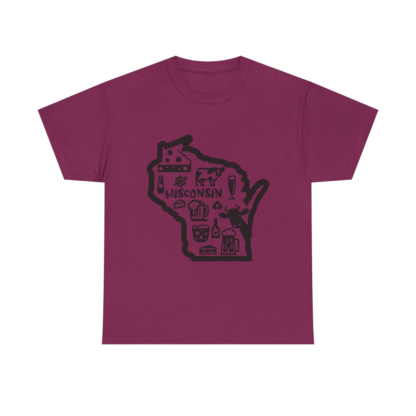 Wisconsin State Map Tee — Icons of Cheese, Beer & Outdoor Life