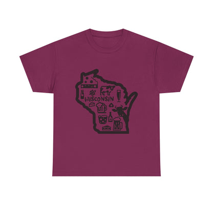Wisconsin State Map Tee — Icons of Cheese, Beer & Outdoor Life