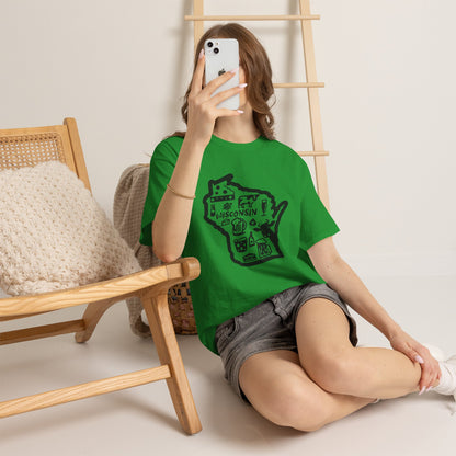 Wisconsin State Map Tee — Icons of Cheese, Beer & Outdoor Life