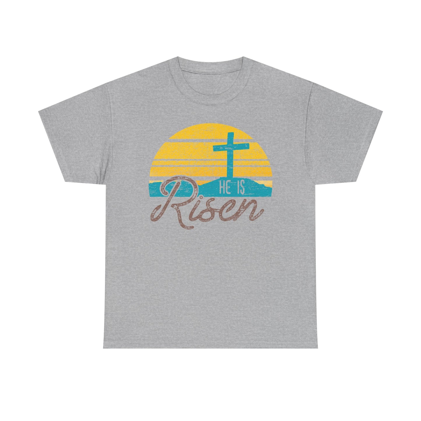 He Is Risen T-Shirt — Vintage Sunrise Cross Easter Tee