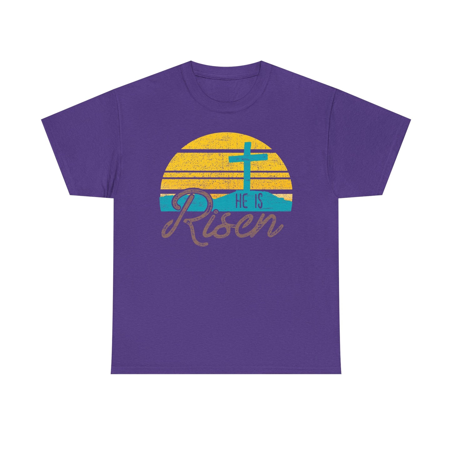 He Is Risen T-Shirt — Vintage Sunrise Cross Easter Tee