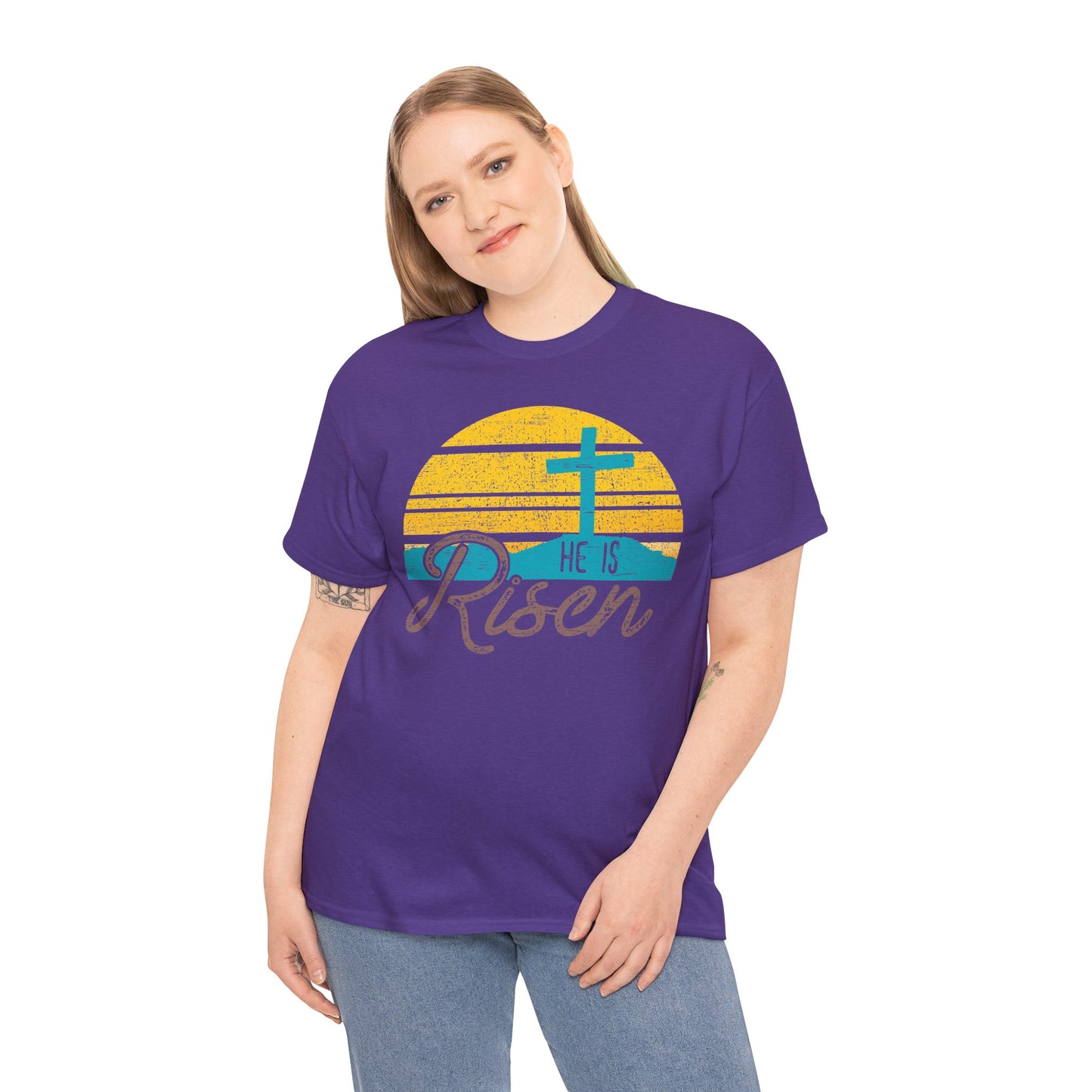 He Is Risen T-Shirt — Vintage Sunrise Cross Easter Tee