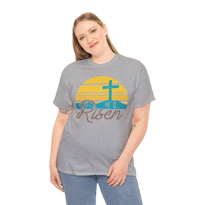 He Is Risen T-Shirt — Vintage Sunrise Cross Easter Tee