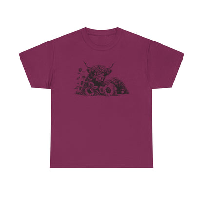 Highland Cow & Sunflowers T‑Shirt — Vintage Farm Animal Graphic Tee