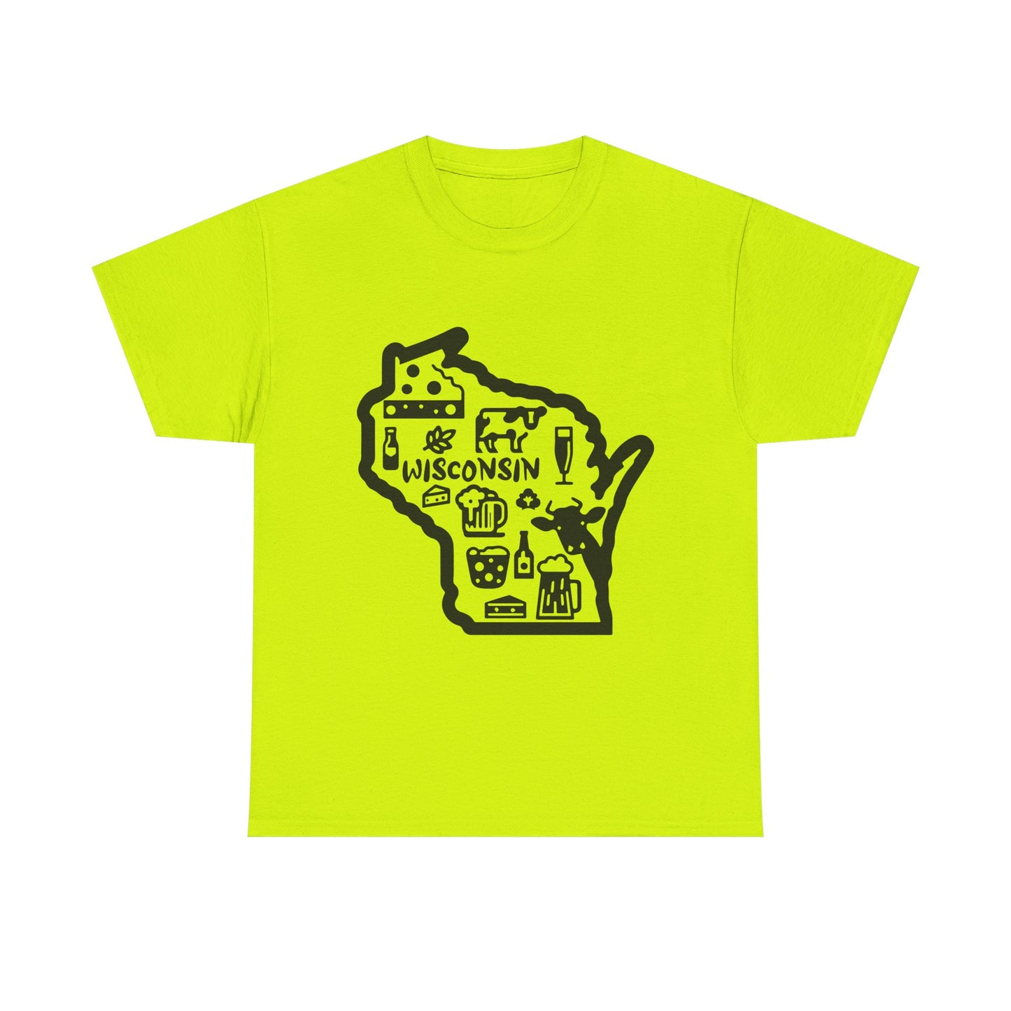 Wisconsin State Map Tee — Icons of Cheese, Beer & Outdoor Life