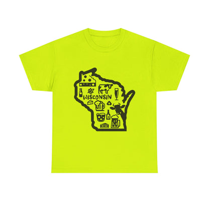Wisconsin State Map Tee — Icons of Cheese, Beer & Outdoor Life