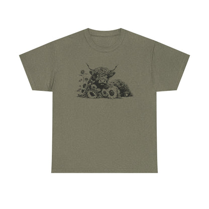 Highland Cow & Sunflowers T‑Shirt — Vintage Farm Animal Graphic Tee