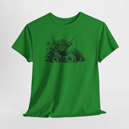 Highland Cow & Sunflowers T‑Shirt — Vintage Farm Animal Graphic Tee